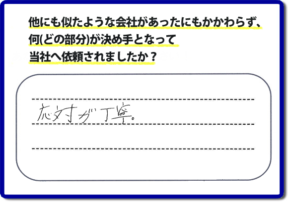 口コミ評判２３　「対応が丁寧。」春日市のお客様より倉庫移動の作業をさせていただきました。何でも屋、便利屋【便利屋】暮らしなんでもお助け隊 福岡荒江店（福岡）では、倉庫の中の片付けをはじめ、倉庫の解体作業、倉庫の移設、組立作業も行っています。倉庫のことで困ったときは、今すぐお電話下さい。ホームページでは同じように困ったいたお客様より、たくさんの口コミ評判のメッセージを掲載しておりますので、ぜひご参考に！